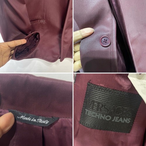 VERSACE Techno Jeans Satin Blazer Burgundy Size 50 M/L Rare Vintage Hide Buttons - Picture 8 of 24