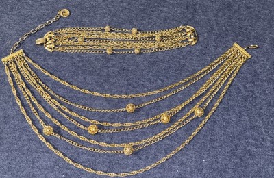 Vintage Lisner Gold Tone Multi Strand Chain Statement Necklace & Bracelet Set