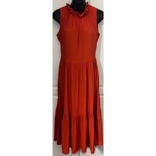 Calvin Klein Sleeveless Tiered Midi Dress with Ruffle Neckline Orange Size 2 NWT