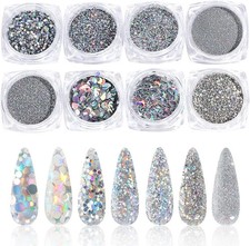 Holographic Nail Art Glitter Set 8 Boxes Sequins Flakes, Silver Metallic Shine