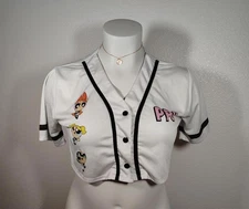 Cartoon Network Powerpuff Girls White Crop  Baseball Jersey Button Size XL VTG 