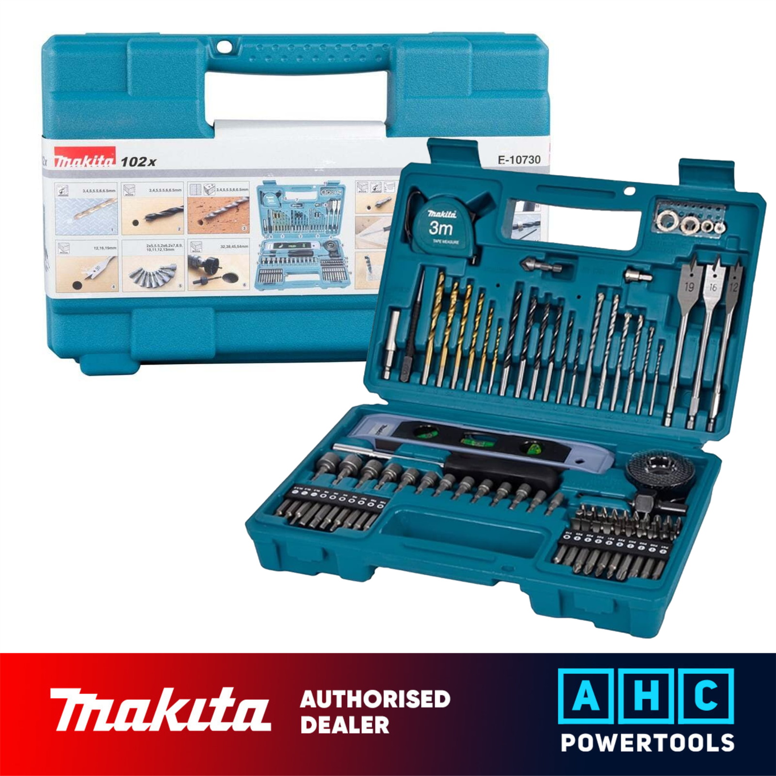 Makita 102 PCS DRILL & SCREW BIT SET WITH LEVEL & TAPE MEASURE - E-10730
