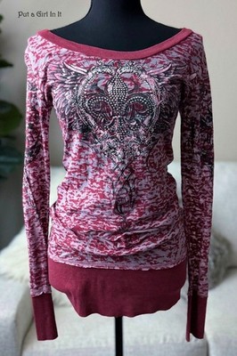 USA New VOCAL Womens RED CRYSTAL FLEUR DE LIS WINGS BURNOUT RHINESTONE SHIRT S M