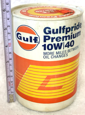 VINTAGE GULFPRIDE PREMIUM 10W-40 MOTOR OIL CAN,PLASTIC,PROP,GIFT,EMPTY,METAL TOP