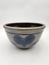 Rowe Pottery Works Medium 8" Mixing  Batter Bowl 2 X Heart Salt Glazed Vtg '83  
