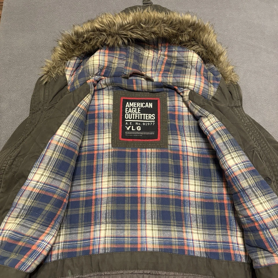 Chaqueta De Colección American Eagle Para Hombre L Verde Militar Parka Piel Franela Forrada LEER Foto 4 de 4