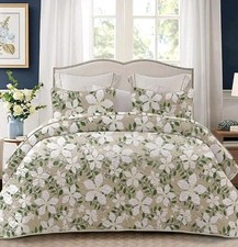 Reversible Floral Quilts Full Queen Size, Full/Queen 96"x92" White/Bone