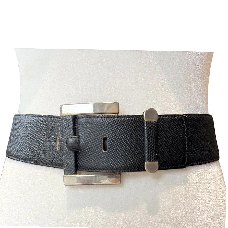 Black lizard-embossed leather belt with wide gold buckle