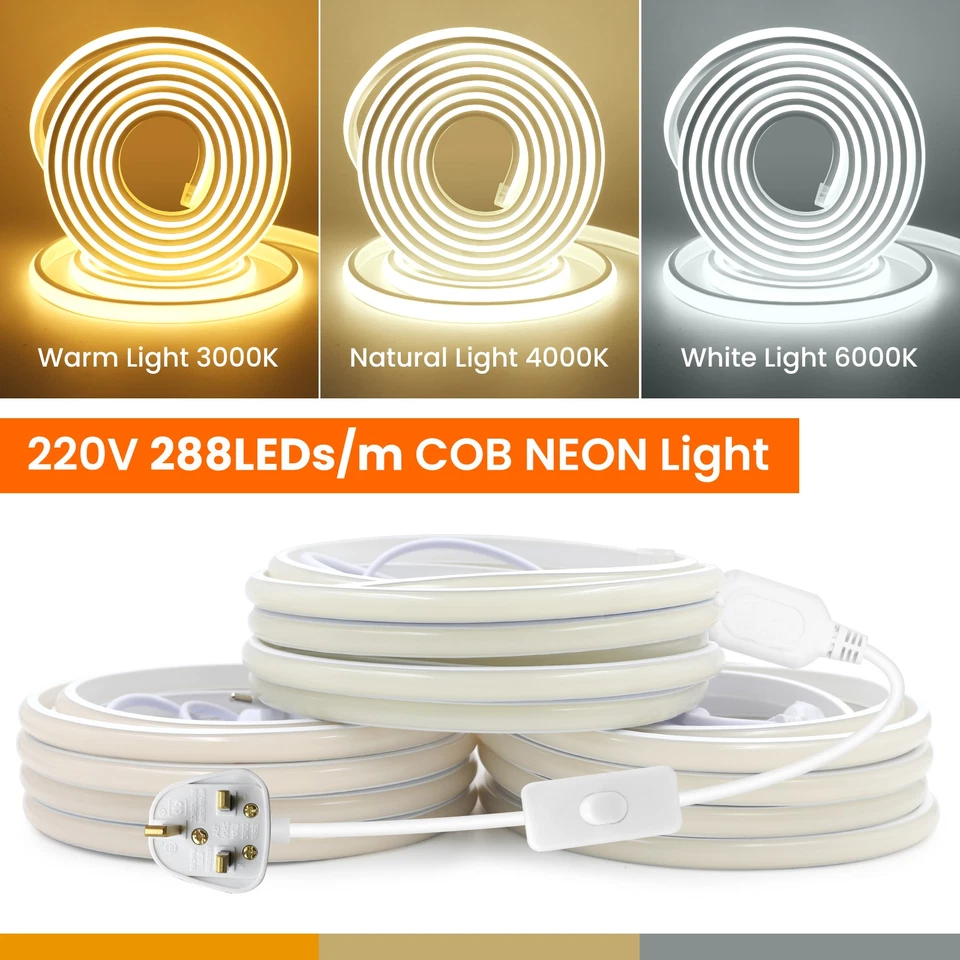LED COB Neon Strip Lights 220V Waterproof IP67 Flexible Tape Rope Lamp UK Plug