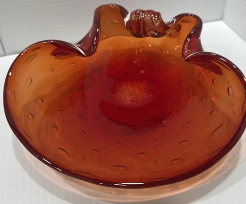 Vintage Mid-Century Modern ORANGE MURANO ART GLASS  Bowl Dish Ashtray