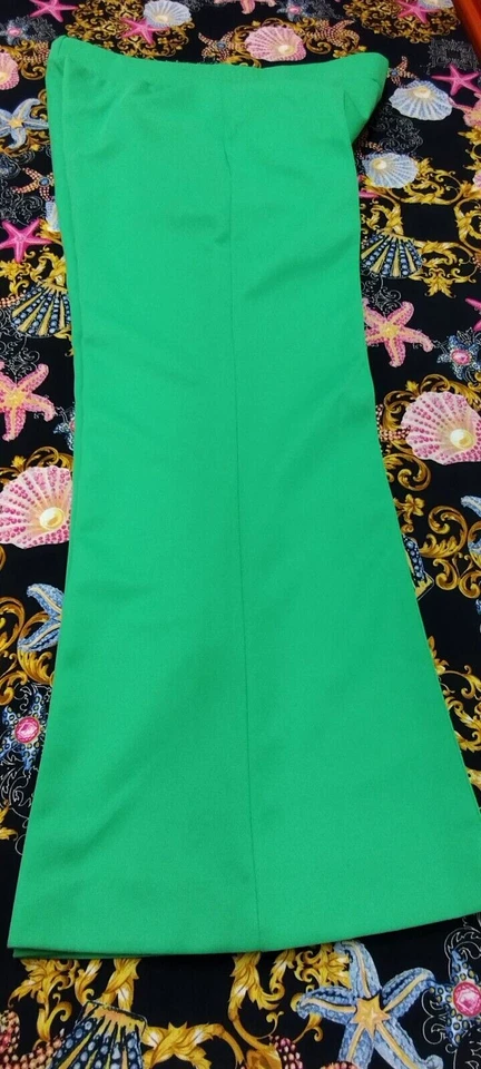 Calça discoteca verde neon década de 1970 quadris largos pernas largas poliéster cintura 37 costura interna 29 - Imagem 2 de 4