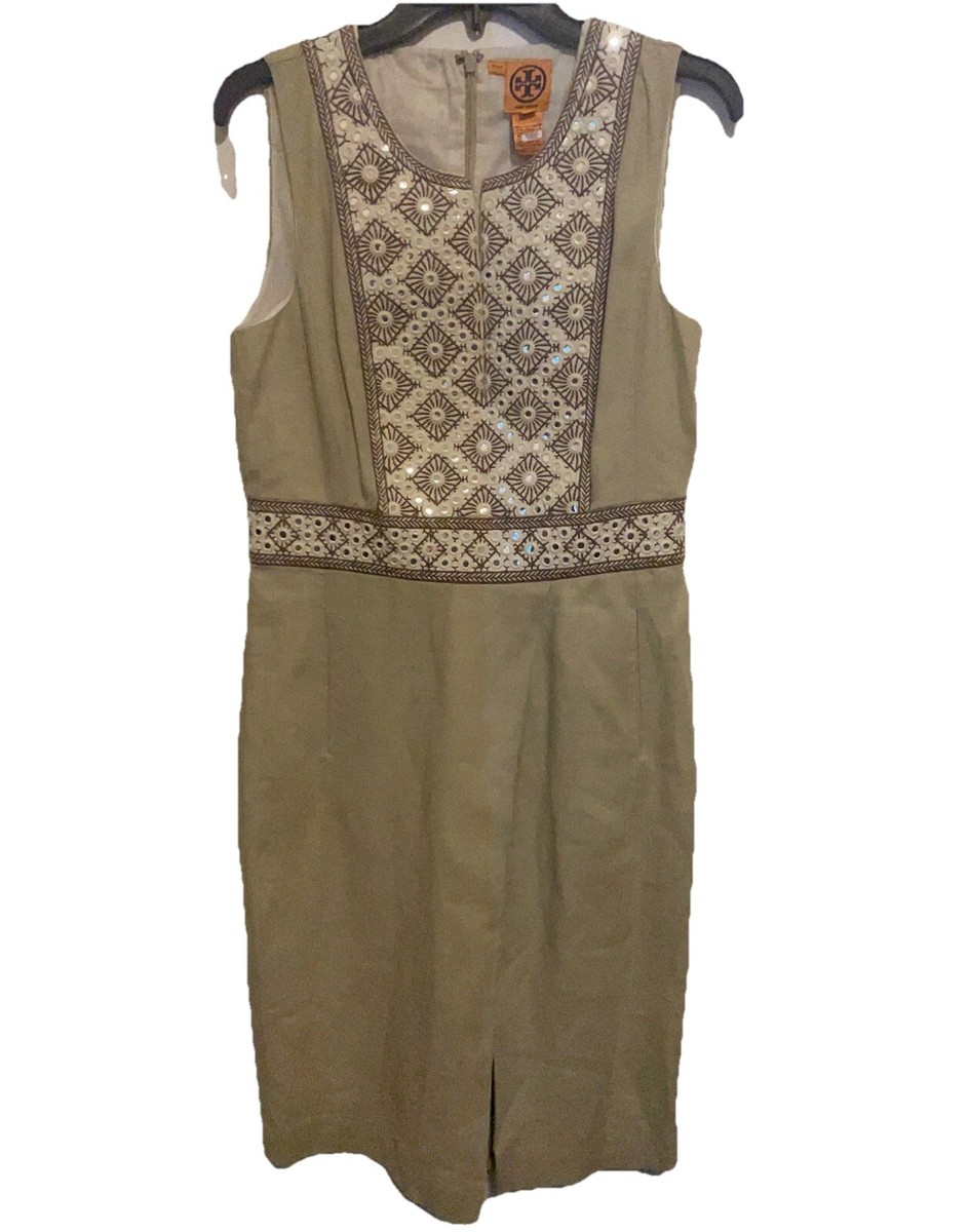 Tory Burch Tan 100% Linen Sleeveless Neutral Textured Sheath Dress 8  Embroidered