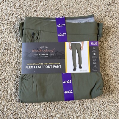 NEW Weatherproof Vintage Performance WeatherFlex Flat Front Pants, Green 40x32