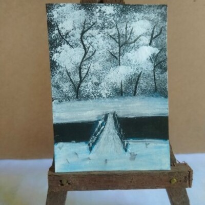 ACEO Original Art Sri Lanka Hand Drawing Acrylic Painting Landscape Snow Brige