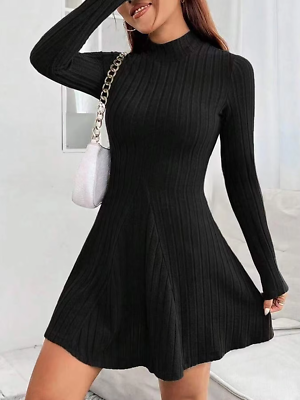 chinese dress ladies CHEZVOGUE Women's Mock Neck Backless Ribbed Mini Dress with Long Sleeves  and Ruffle Bubble Skirt Black at Amazon Women's Clothing store main image 0