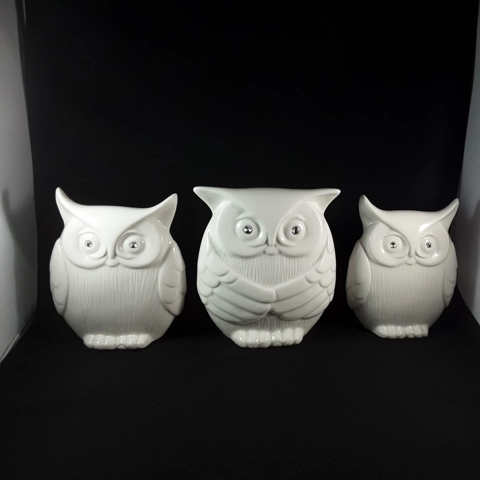 Lote de 3 1 búhos blancos grandes y 2 pequeños de porcelana con hermosos ojos de estrás Foto 2 de 4