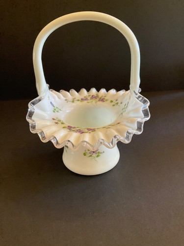 Fenton ? Violets & Stars Glass Silver Crest Ruffled Edge Top Hat Basket 8" H - Picture 12 of 12