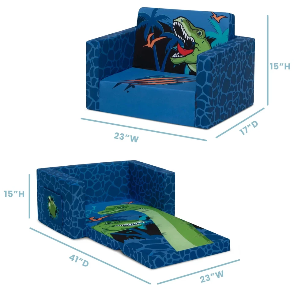 Dinosaur Blue Flip Out Chair To Lounger Couch Sofa For Kids Boys Toddlers 1-3 - Image 3 of 4