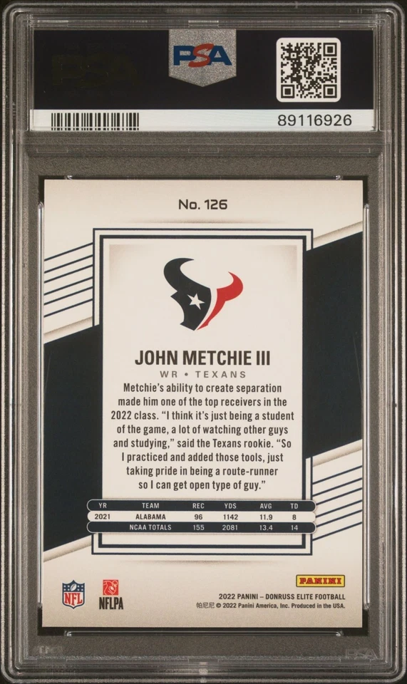 2022 DONRUSS ELITE JOHN METCHIE III ROOKIE GREEN SP TEXANS #126 RC - PSA 9 POP 1 - Image 2 of 4