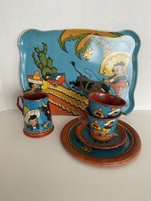 Vintage Ohio Art BHK Beniamin Children's Tin Tea Set Boy's In A Spanish Scene