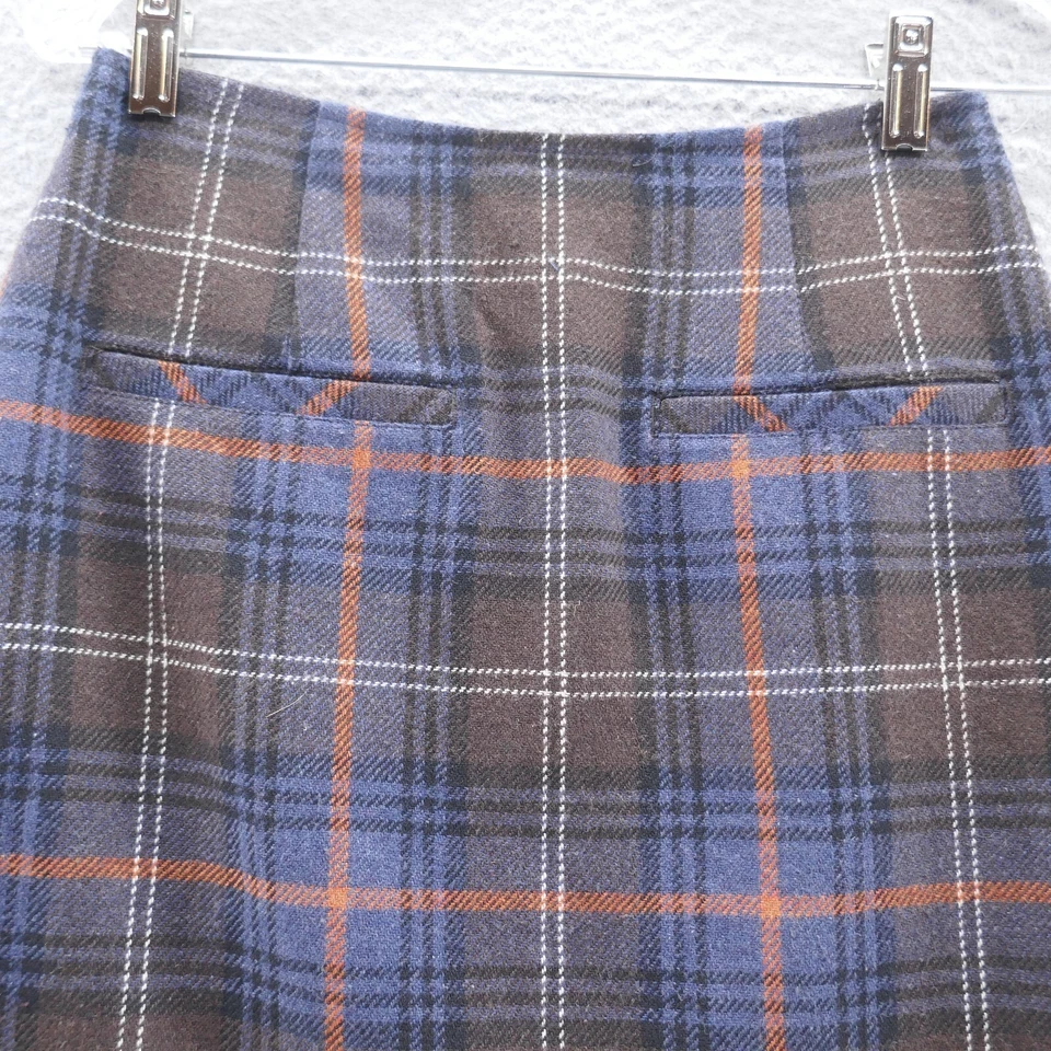 Cabi Womens Wool Blend Pencil Skirt 2 Blue Brown Tartan Plaid Pleated Ruffle Hem - Image 3 of 4