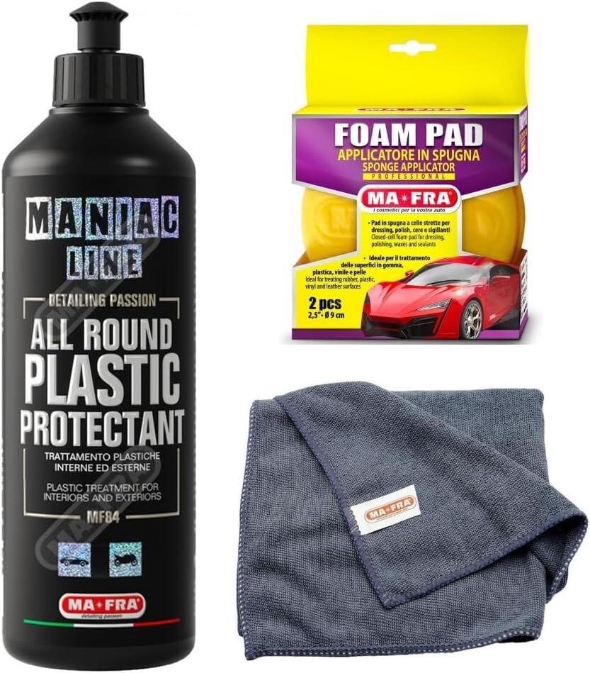 KIT MAFRA MANIAC LINE ALL ROUND PLASTIC PROTECTANT + FOAM PAD + PANNO HEAVY WORK