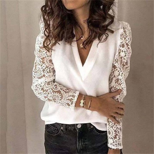 Long Sleeve Lace Fitted Womens V neck Tee OL T Shirt Blouse Holiday Tops - Picture 13 of 13
