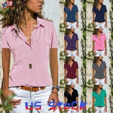 US Womens Button V Neck Loose T-Shirt Tee Ladies Short Sleeve Casual Blouse Tops