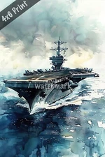 Navy aircraft carrier in action watercolor Art 4x6 Print