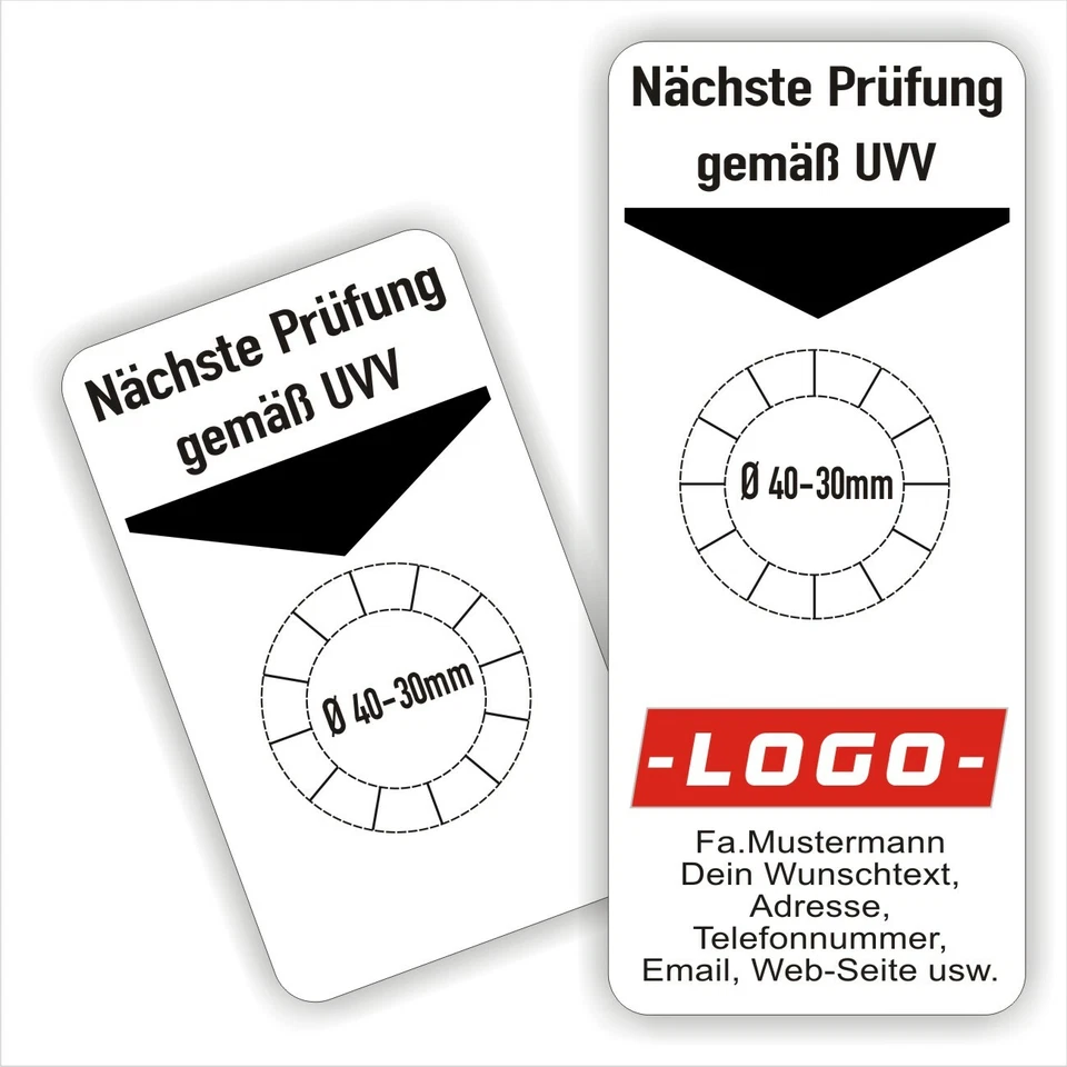Nächste Prüfung gemäß UVV Grundplaketten Aufkleber Logo und Wunschtext option