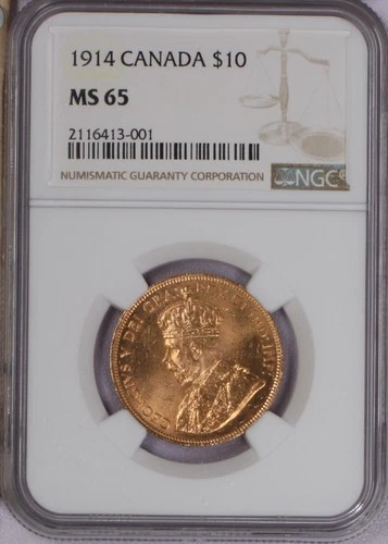 1914 Canada Gold $10 NGC MS65. Rare. Top Grade.