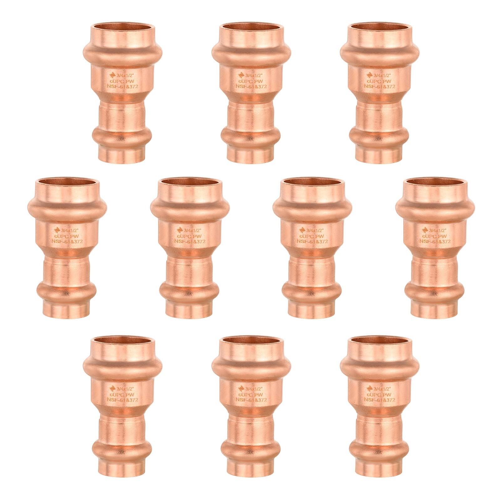 Copper Press Reducing Coupling Plumbing Fitting 3/4 x 1/2 Inch Pipe 10 PCS