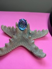 18.00 Carat Oval Natural Blue Topaz Rhodium Plated / 925 Ring Sz8