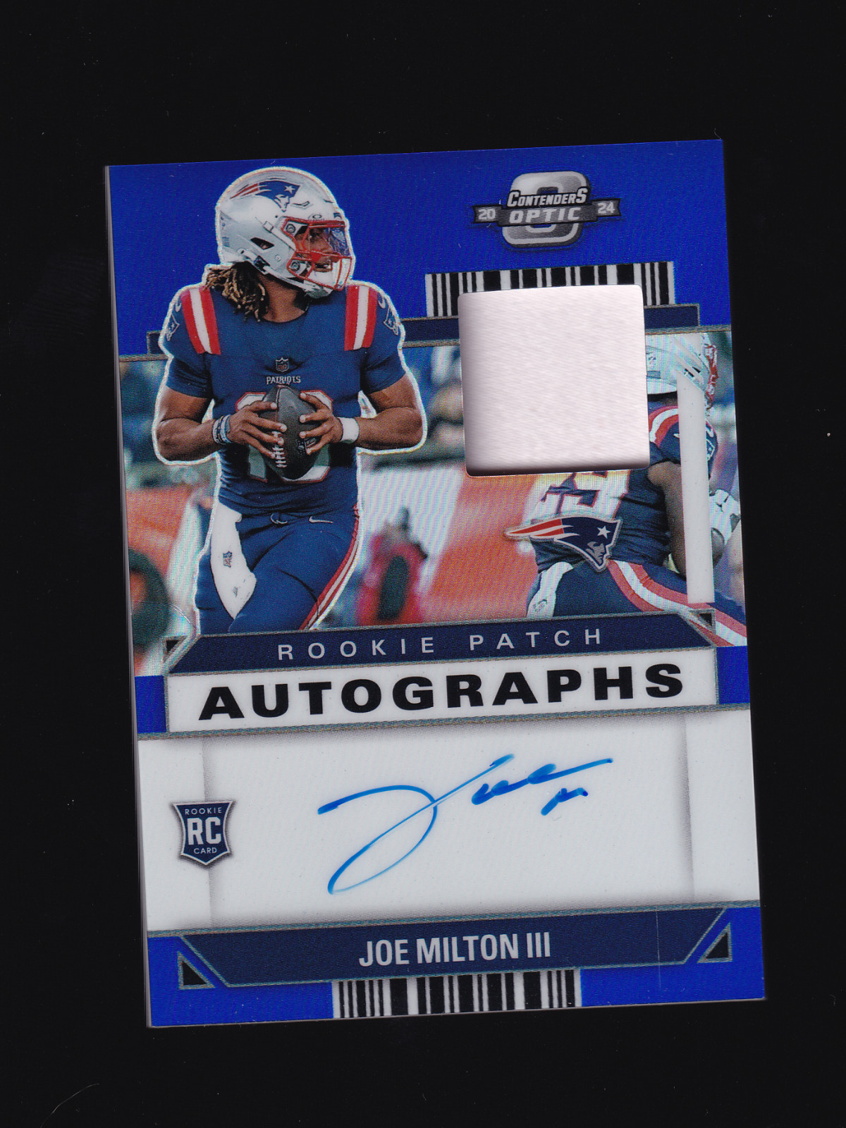 2024 Contenders Optic Joe Milton III Blue Prizm Rookie Patch Auto on card 10/50