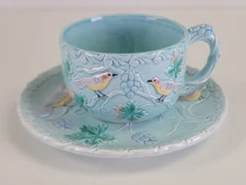 Cup and Saucer Set The Haldon Group 1988 ~ Majolica Light Blue Bird Grape Leaf