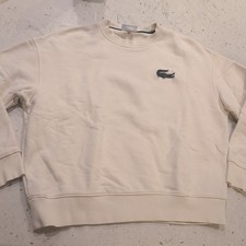 LACOSTE UNISEX Loose Fit Badge Accent Logo Fleece Crew Sweatshirt L Cream 155