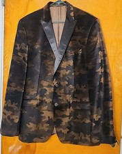 Van Heusen Studio Tuxedo Jacket Men 44L Brown Black Camouflage Velvet Suit Party
