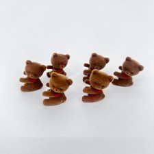 Miniature Flocked Teddy Bear Figurines Set of 6--Fuzzy Brown Bears 1" Trinkets