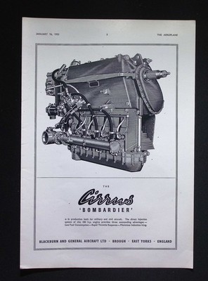 Original 1953 Werbung Blackburn Cirrus Bombardier Flugzeugmotor