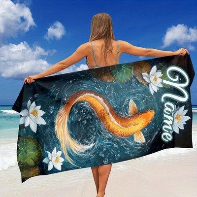1pc ized Name/Text Beach Towel with Goldfish & Koi Fish Design - Custom /s Bat