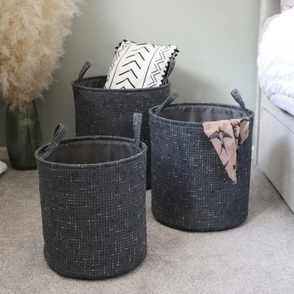 JVL Shadow  Round Fabric Storage Baskets with Handles  Set of 3 S,M,L  Grey - Image 4 of 4