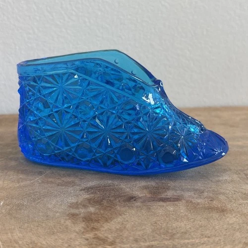 Vintage Fenton Style Glass Cobalt Blue Daisy Button Pattern Baby Shoe Nursery