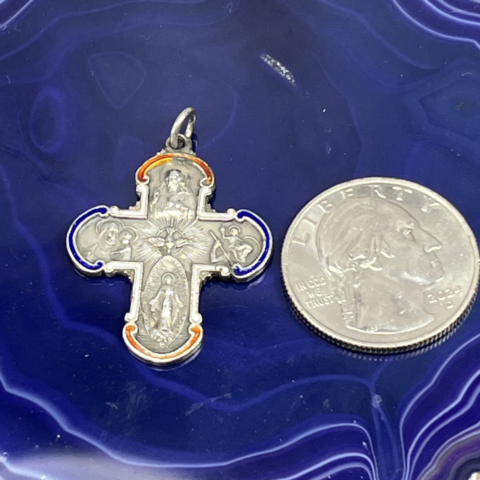 Four Way Medal Sterling Silver Enamel Catholic Medal pendant 4.66 grams