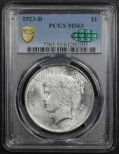 1923 D Peace Silver Dollar $1 PCGS MS 63 CAC