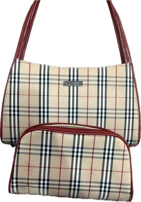 2 Pc Burberry London Shoulder Bag Purse & Matching Clutch Set In Haymarket Red