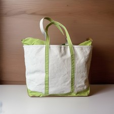 VTG LL Bean Boat Tote Canvas Zipper Bag White Green XXL 26x17.5x9 Rare Size