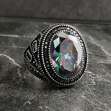 Men Oval Mystic Topaz Gemstone Silver Ring, Men Silver Colorized Stone Ring