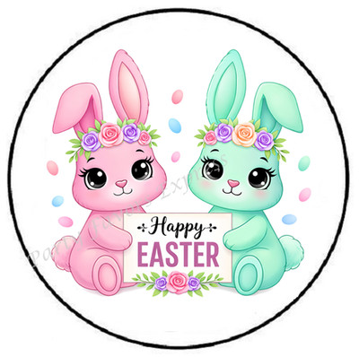 HAPPY EASTER PINK AND GREEN BUNNIES ENVELOPE SEALS LABELS STICKERS PARTY FAVORS