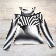 BEBE COLD SHOULDER STRIPED TOP STRETCHY S LONG SLEEVED
