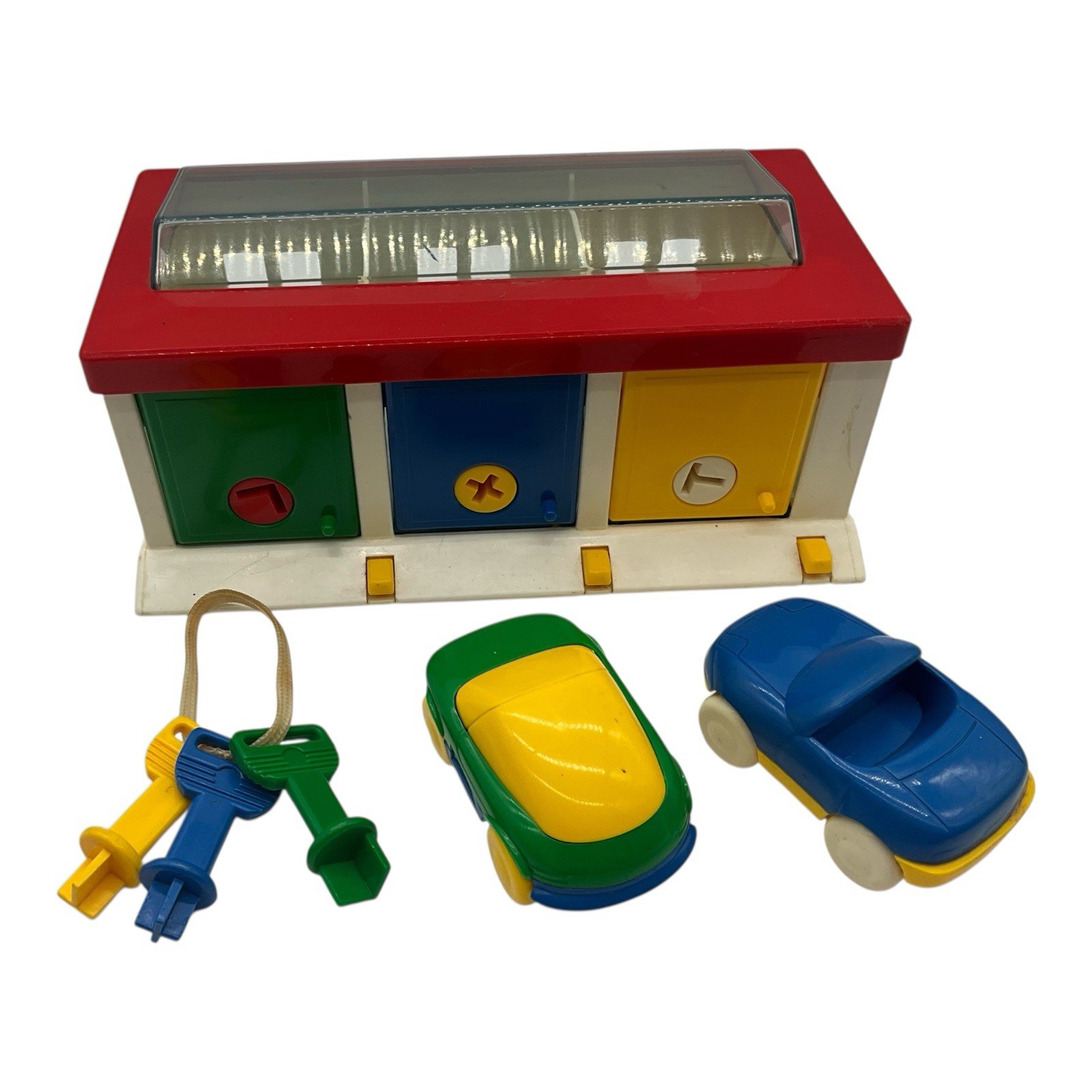 Play Well Carry Along Garage with A Puzzle Door Keys And  2 Vehicles Vintage